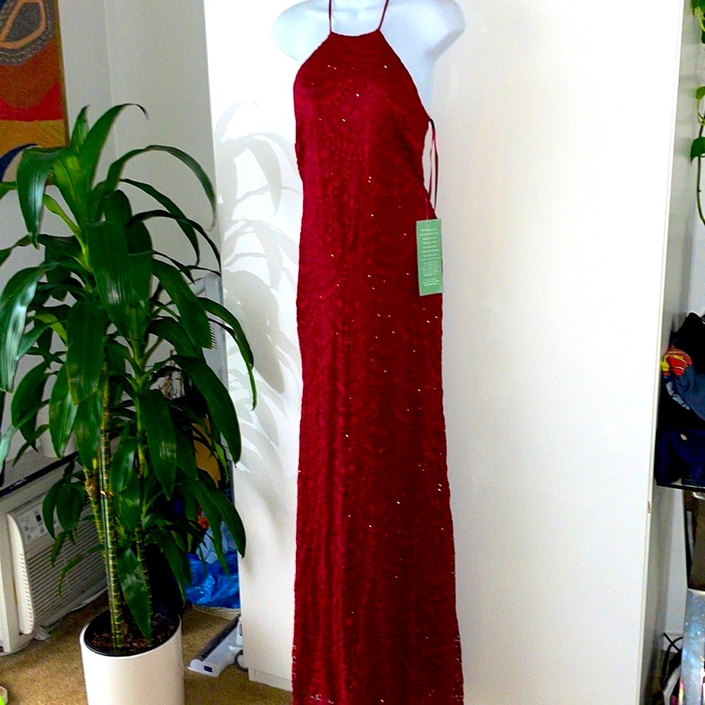 NWT Holiday Mariah Carey red glitter lace halter maxi sparkle gown